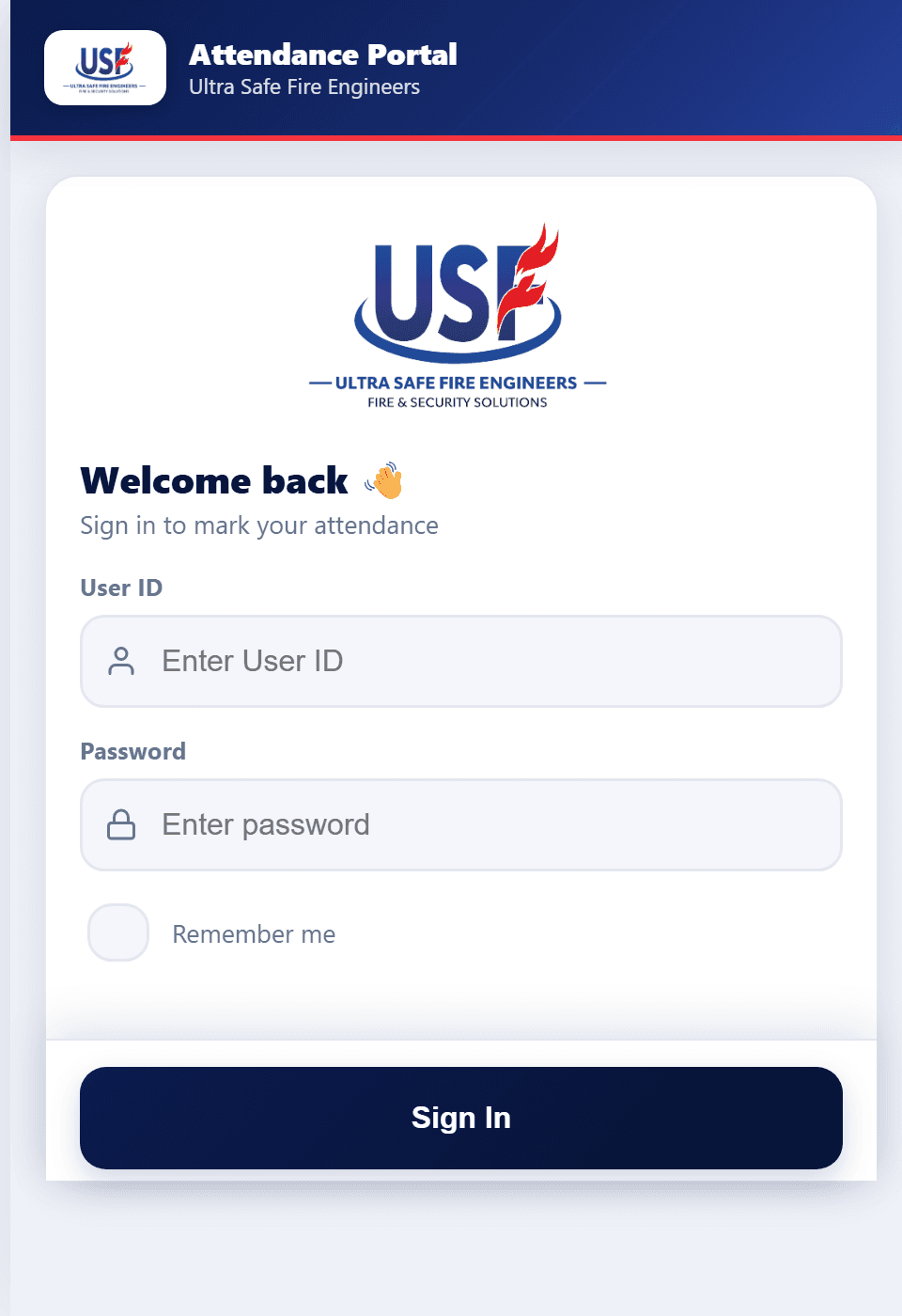 Login — User ID aur password. Admin ko alag access milta hai.