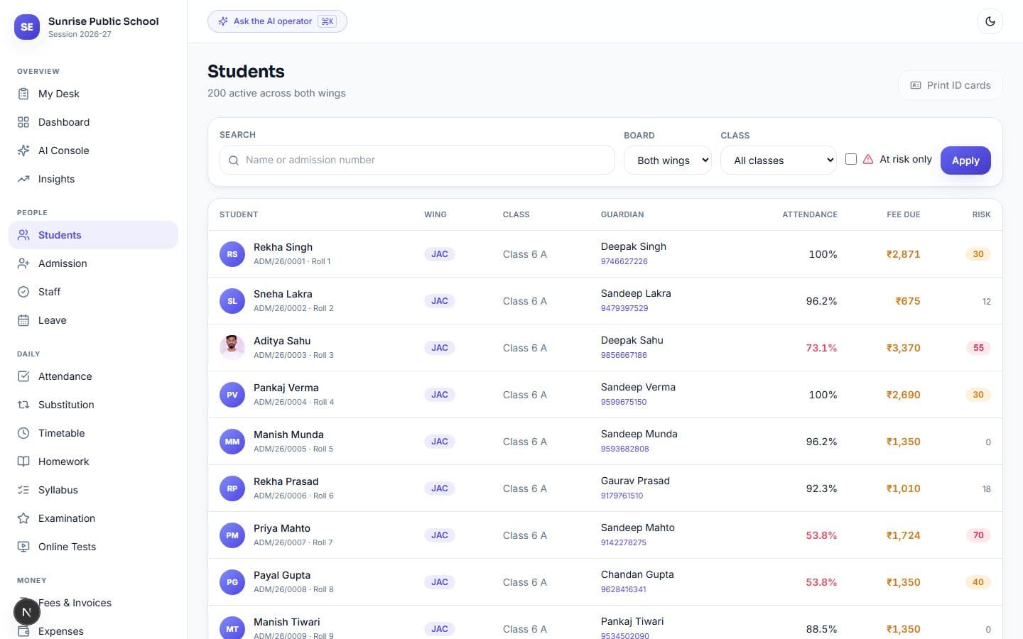 Students — searchable across both wings, with attendance, dues and risk on every row.