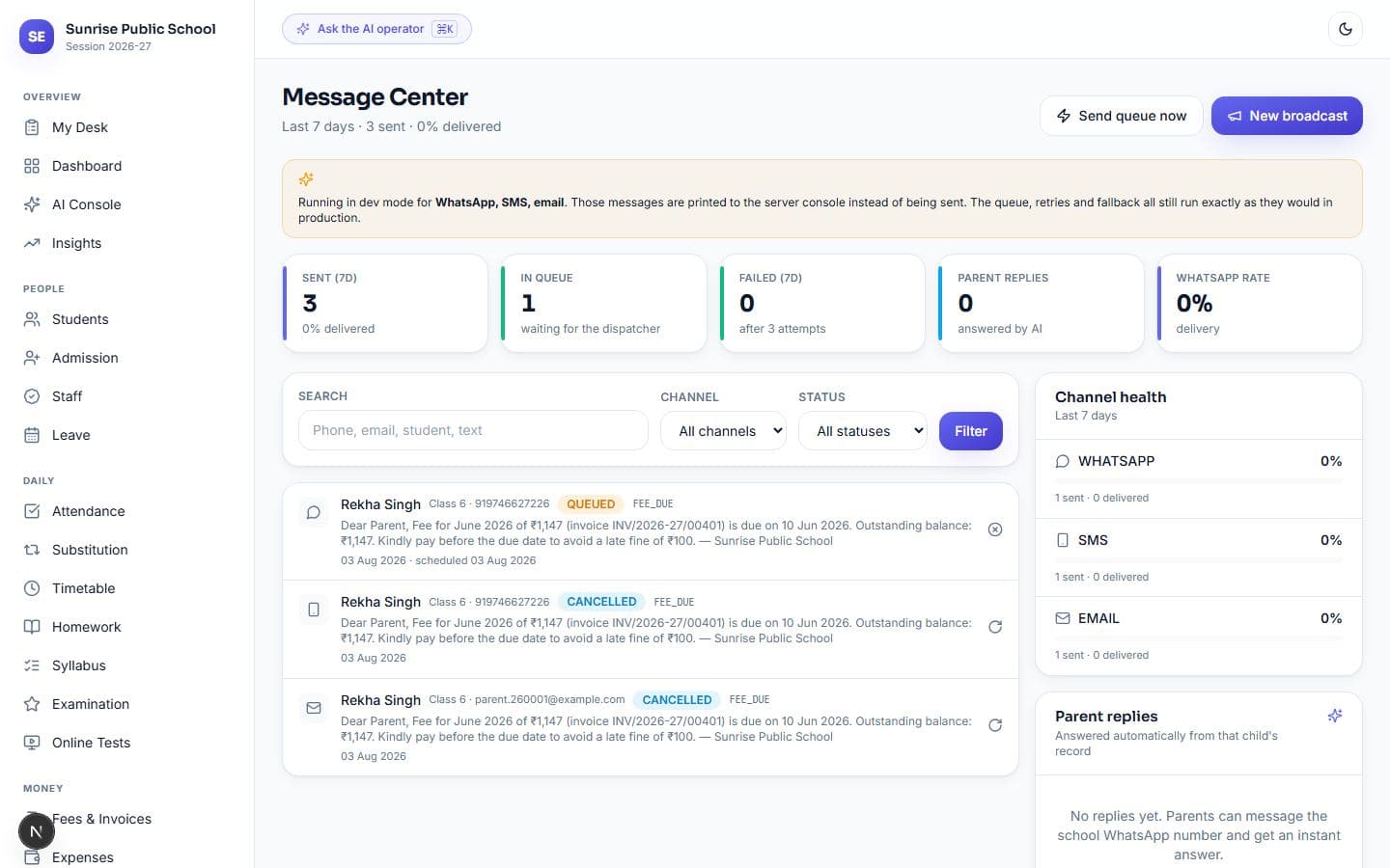 Message Center — every message, its channel, and whether it was delivered or read.