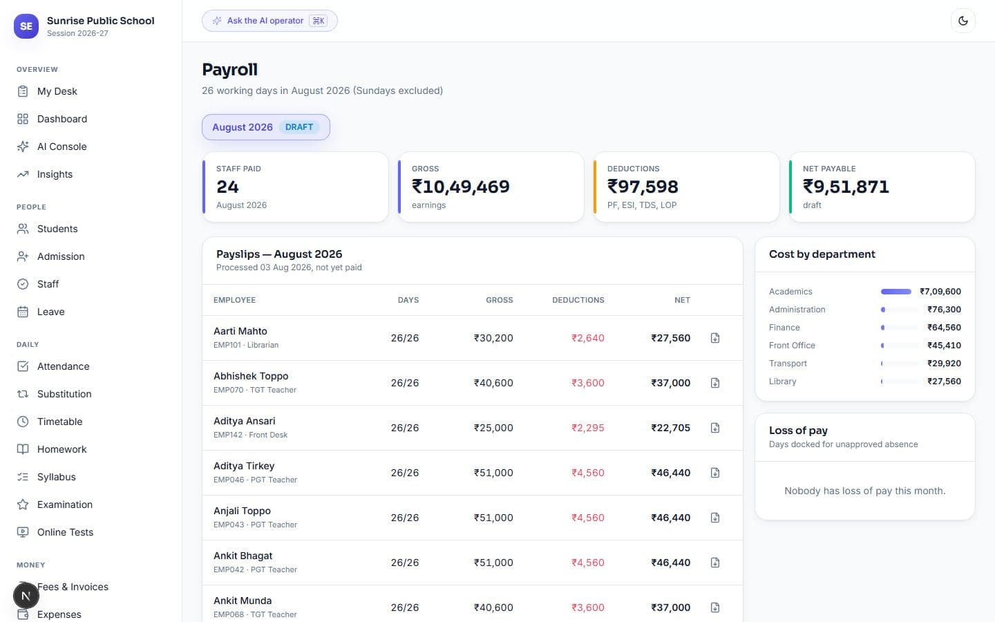 Payroll — salary computed from attendance, with loss of pay applied.