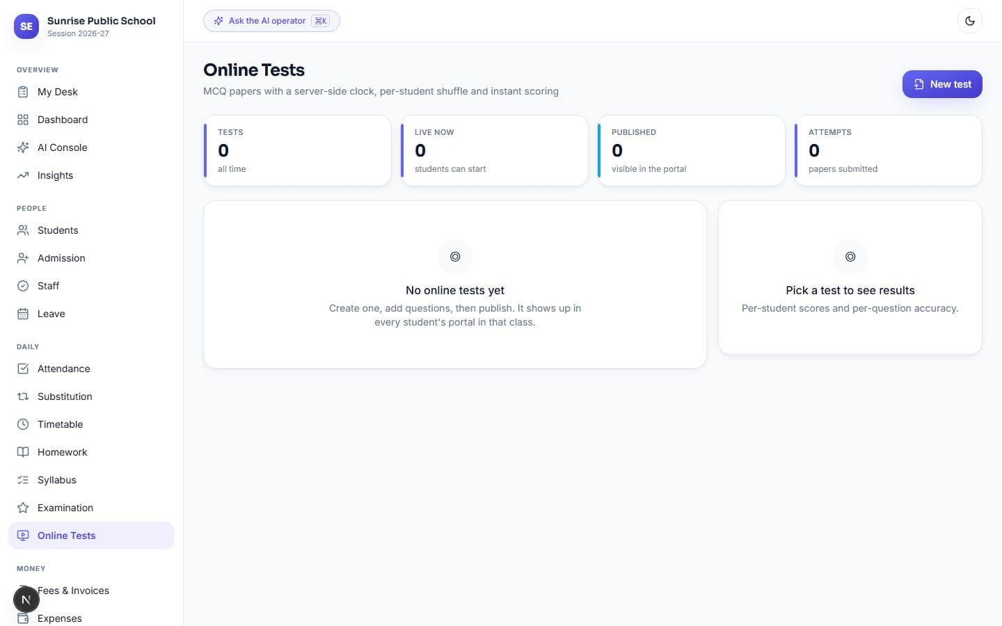 Online tests — server-side clock, answers never sent to the browser while a paper is open.