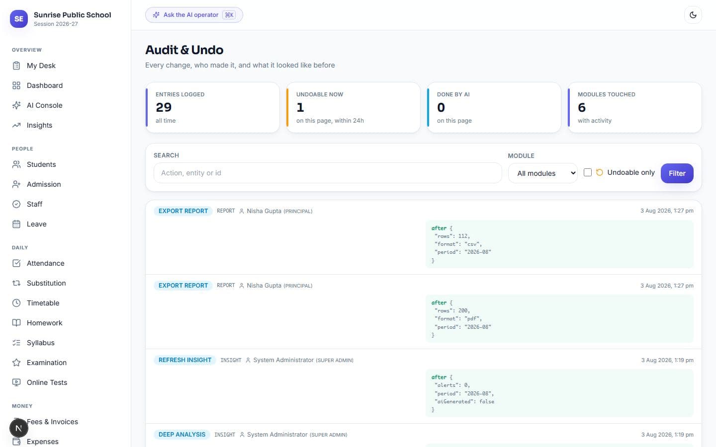 Audit & Undo — what changed, who changed it, and the before-and-after of the record.