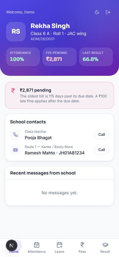 Attendance, dues and last result at a glance.